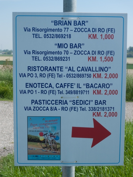 Sign on the Destra Po cycleway showing distances to cafes, restaurants and bars near to the route