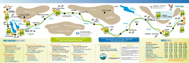 Map of bike-rental points on the Ciclabile della Valsugana