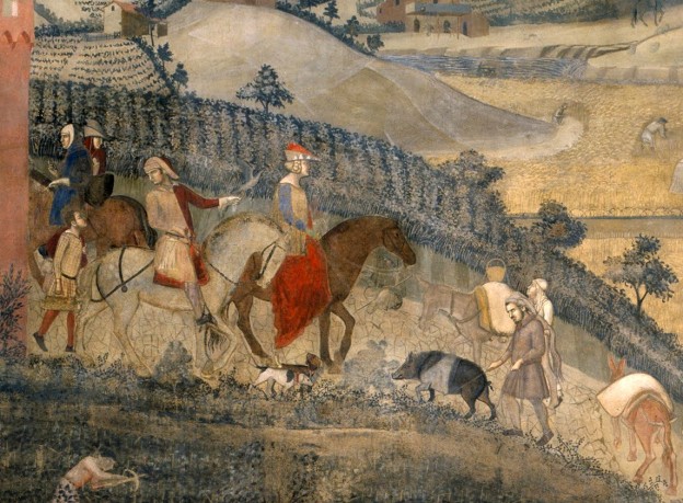Ambrogio Lorenzetti: the Effects of Good Government in the Countryside. Detail showing a cinta senese pig (Siena Palazzo Pubblico)