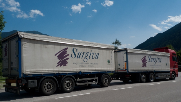 Lorry and trailer (carrying bottled water)