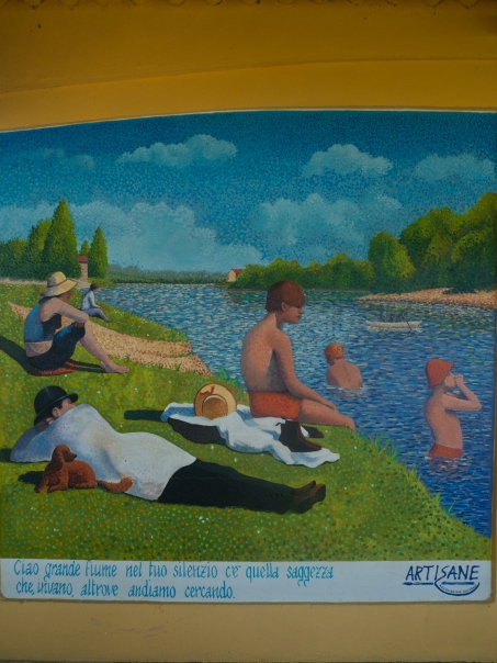 Mural in a bar-ristorante between Piacenza and Cremona - the caption reads: hello great river, in your silence we find the wisdom that we search for in vain elsewhere (ciao grande fiume nel tuo silenzio c'e' quella saggezza che, in vano, altrove andiamo cercando).