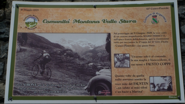 Information panel on the climb to the Colle della Maddelena recording Fausto Coppi's breakaway in the 1949 Giro d'Italia