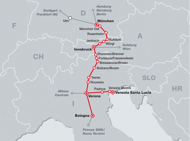 DB-ÖBB Eurocity network map showing services between Munich, Innsbruck Verona, Venezia and other Italian cities