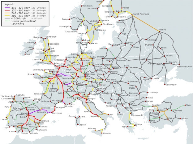Map of European high-speed train services.