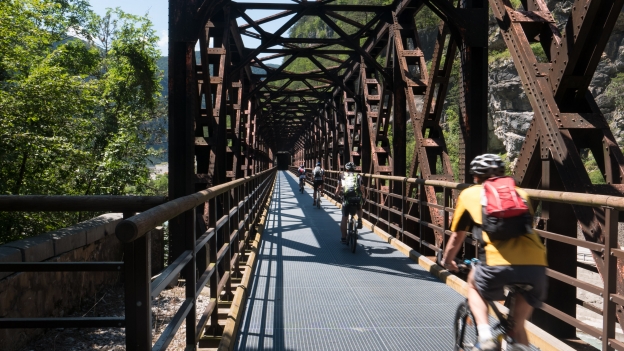 Bridge over the Fella river P1300387.RW2 Ciclovia Alpe-Adria Radweg (FVG1): cyclists crossing the the Fella river near Chiusaforte using an old railway bridge