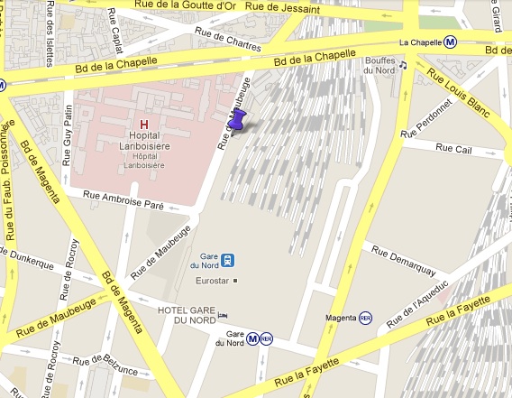 Map showing the location of the SERNAM pickup/drop-off point at the Gare du Nord station in Paris