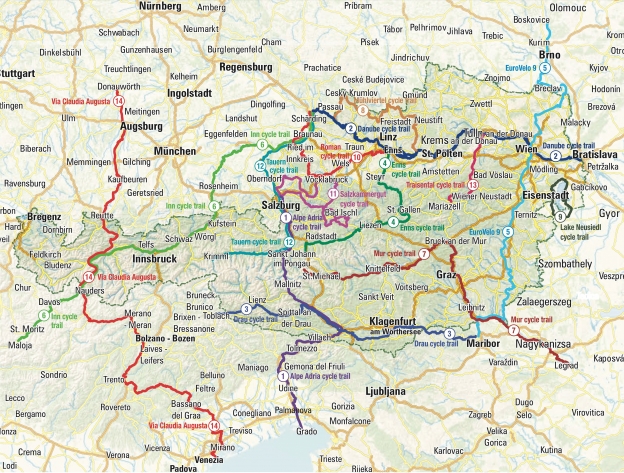 Map of major cycle touring routes in Austria