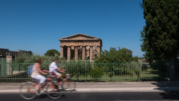 Cycling past the Paestum Archeological site