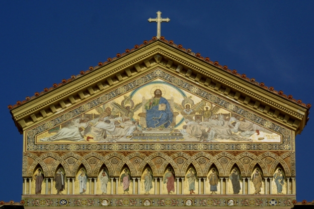 Amalfi: the facade of the duomo (cathedral) showing a mosaic with Christ surrounded by angels.