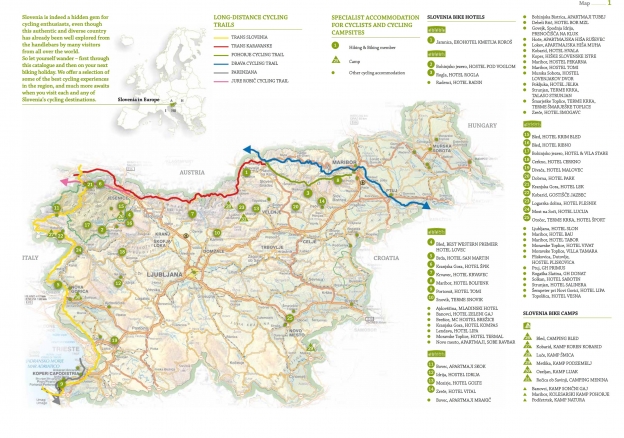 Map showing some of the long-distance cycle routes in Slovenija. From the guide Cycling in Slovenia (accommodations and destinations).