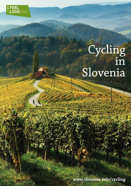 Cover of the Cycling in Slovenia guide showing cyclist in the Slovenian wine country