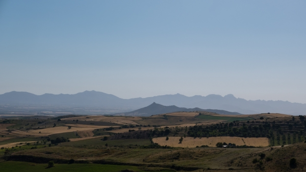 P1390563.RW2 Villanovaforru view View from the road to Villanovaforru, looking east towards San Gavino Monreale and beyond that the mountains of the west coast
