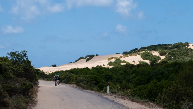 Cyclists on the road through the Piscinas dunes on the way to the beach