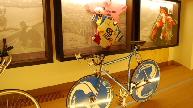 The Museo Moser: one of Francesco Moser's bikes, and in the background one of the family's collection of pink jerseys