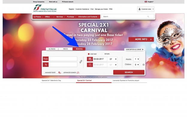 trenitalia.com home page. Click the red tab for regional trains