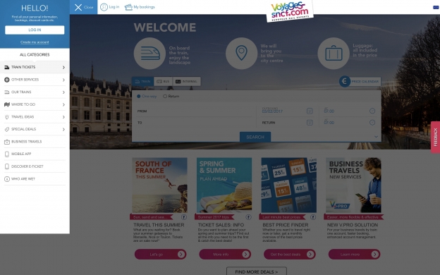 The menu on en.voyages-sncf.com which takes you to the search page with an option to restrict your search to bike-friendly services.