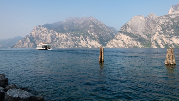 Lago di Garda ferryboat Ferryboat coming into shore at Torbole on the Lago di Garda. The picture shows one of the larger boats with more capacity for bikes