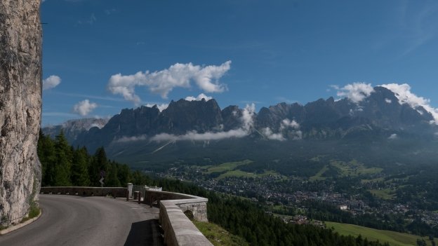 View from the road to the Passo Falzarego looking back over Cortina d'Ampezzo