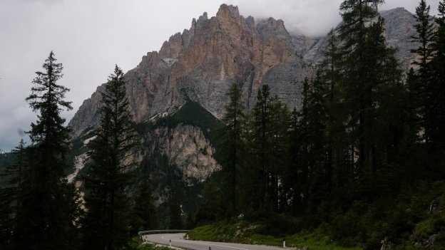 The road from the Passo Valparola descending into the Val di San Cassiano